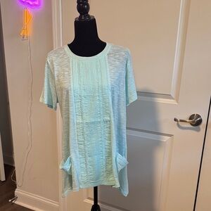 LOGO by Lori Goldstein Mint Pintuck Lace front top. Slub knit. Lightweight. NWOT